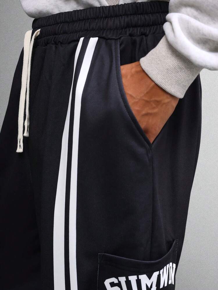 SUMWON Track Pants With Side Stripes Oversized Casual Streetwear Drawstring Pants Athletic Performance Bottoms Fashion Statement Loose Fit - Black - View 7