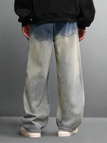 SUMWON Blugi cu picior larg, croială largă, efect vintage decolorat, spălat uzat, croială lejeră, streetwear, pantaloni din denim, toamnă-iarnă, modă casual, ținute zilnice - Albastru - Vizualizare 2