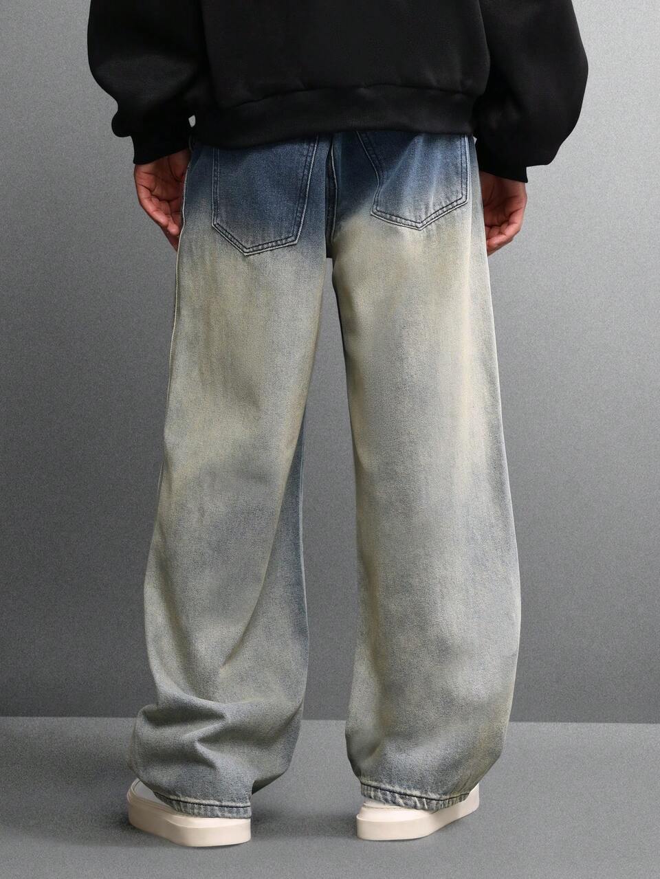 Wide Leg Vintage Washed Denim Pants With Faded Effect