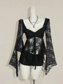 SHEIN ICON 女式甜心领喇叭袖蕾丝时尚上衣 - 黑色 - 查看 5