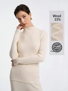 SHEIN X Jwoww Aalyst 极简羊毛混纺修身立领毛衣和针织裤套装 - 白色 - 查看 2