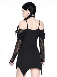 ROMWE Váy ngắn tay dài in hình đầu lâu mèo Gothic, viền bất đối xứng, dây trễ vai, ren tương phản, màu đen, phong cách Halloween - màu đen - Xem 3