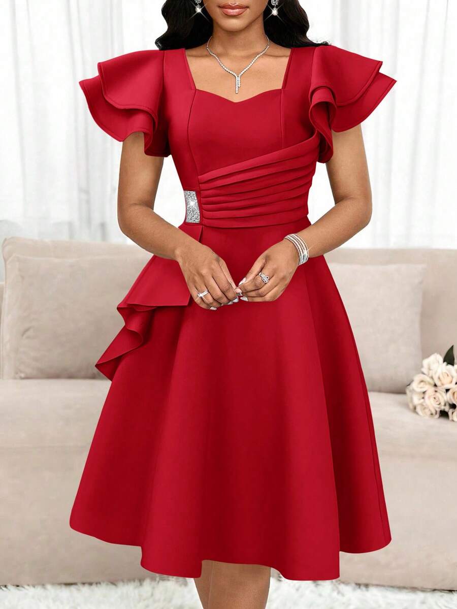 SHEIN Lady Vestido de verano elegante de mujer con volantes y adornos de strass en la cintura