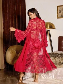 Slumberist SilkySpell 女士性感网眼透明蕾丝 3 件套长袍睡袍套装，优雅睡衣内衣 - 酒紅色 - 查看 2