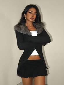 EgrlEra Women's Black Faux Fur Collar Patchwork Fitted Jacket - Black - View 5