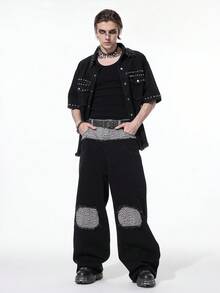 ROMWE MEN Grunge Punk Men's Leopard Print Patchwork Wide Leg Loose Fit Jeans - Black - View 4