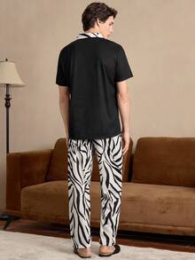 EverLounge Conjunto de pijama de pantalón y camisa de manga corta con cuello para hombre - Blanco y Negro - Ver 2