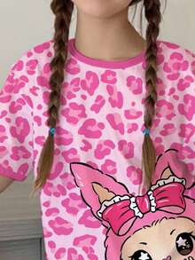 SHEIN Leap Crew 2pcs Tween Girls Casual Minimalist Pink Leopard Print & Cute Cartoon Graphic Short Sleeve T-Shirt And Shorts Set, Suitable For Summer Kawaii Clothes For Kids Cartoon Pattern Girls Set Pink Girls Outfit - Multicolor - View 4