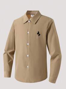 Mirajuku Tween Boy Embroidered Front Button Casual Long Sleeve Shirt Fall Winter - Camel - View 6