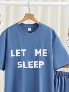 SHEIN Conjunto de Pijama Adolescente Masculino 2 Peças Casual com Estampa de Letra Gráfica, Top de Manga Curta de Gola Careca e Shorts