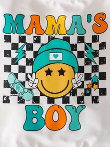 SHEIN Playful Pals 2件組男嬰白色秋季可愛度假套裝 棋盤格面料「MAMA'S BOY」字母印花短袖運動衫與運動長褲 嬰兒服飾 - 彩色 - 查看 8