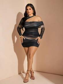 SHEIN BAE 大码女式不对称网眼多色云扎染连衣裙，春夏 - 彩色 - 查看 7