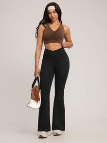 Hanevo Women Seamless Solid Color Flared Sports Pants - Black - View 4