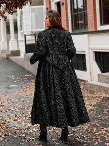 Flirla Plus Size Jacquard Elegant Long A-Line Waist Cinched Autumn/Winter Jacket Winter Autumn Fall - Black - View 2