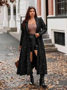 Flirla Plus Size Jacquard Elegant Long A-Line Waist Cinched Autumn/Winter Jacket Winter Autumn Fall - Black - View 3