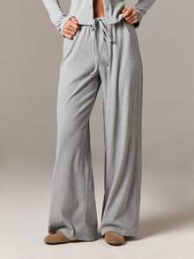 AiiRZ Women Luxurious Ribbed Knit Co-Ord Set Long Sleeve Button Up Cardigan With Wide Leg Palazzo Pants Fall Winter Loungewear - Grey - View 5