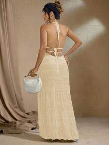 Flirla 大码纹理雪纺多层浪漫细肩带露背吊带连衣裙