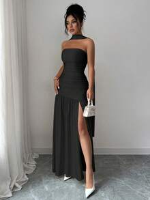 Elenzga Fashionable New Solid Color Glossy Fabric Strapless Long Flowy Ruched Waist Slit Hem Dress, Suitable For Weddings, Graduation Parties, Dates, Vacations - Black - View 3