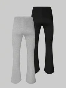 2pcs/Set Teen Girl Basic Solid Color Flared Leggings Chic For Autumn/Winter - Multicolor - View 2