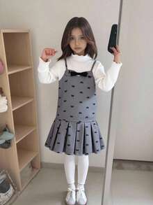 Elladie kids 2pcs Girls' Preppy Style Bow Pleated Hem Dress With White Ribbed Knit Top, Casual Cute Elegant School/Work Outfit