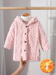 SHEIN Playful Pals Baby Girl Textured Fleece Long Sleeve Single-Breasted Casual Hooded Jacket Fall Winter - Pink - View 1