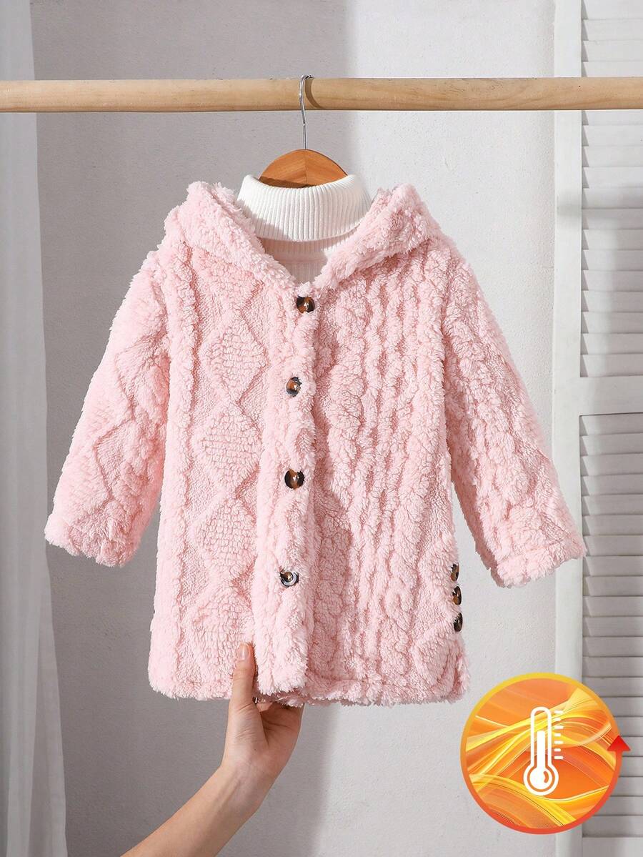 SHEIN Playful Pals Baby Girl Textured Fleece Long Sleeve Single-Breasted Casual Hooded Jacket Fall Winter - Pink - View 1