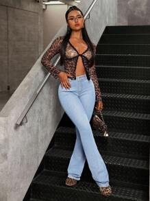 SHEIN Tall Women's Mid-Rise Casual Pocket Skinny Flared Jeans - Blue - View 4