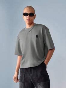 PLAYBOY X SUMWON Oversized Casual Summer Crop T Shirt Contemporary Short Sleeve Ribbed Neckline Bunny Logo Classic Streetwear Comfort Fashion Basic Wear - Grey - View 2