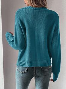 EMERY ROSE Casual Hollow-Out Knit Cardigan Fall Winter Cloth For Women - Teal Blue - View 2