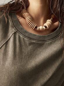 Bohemela Vintage Distressed Patchwork Short Sleeve T-Shirt,Brown Top