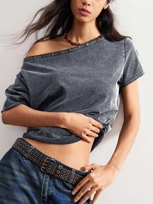 Bohemela Casual Solid Color Knit Asymmetric Neck Loose T-Shirt For Women - Grey - View 6