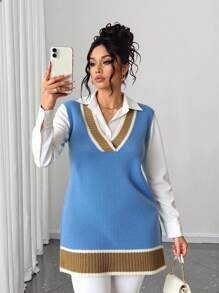 Elenzga Plus 1pc Striped Trim Sweater Vest - Blue - View 1
