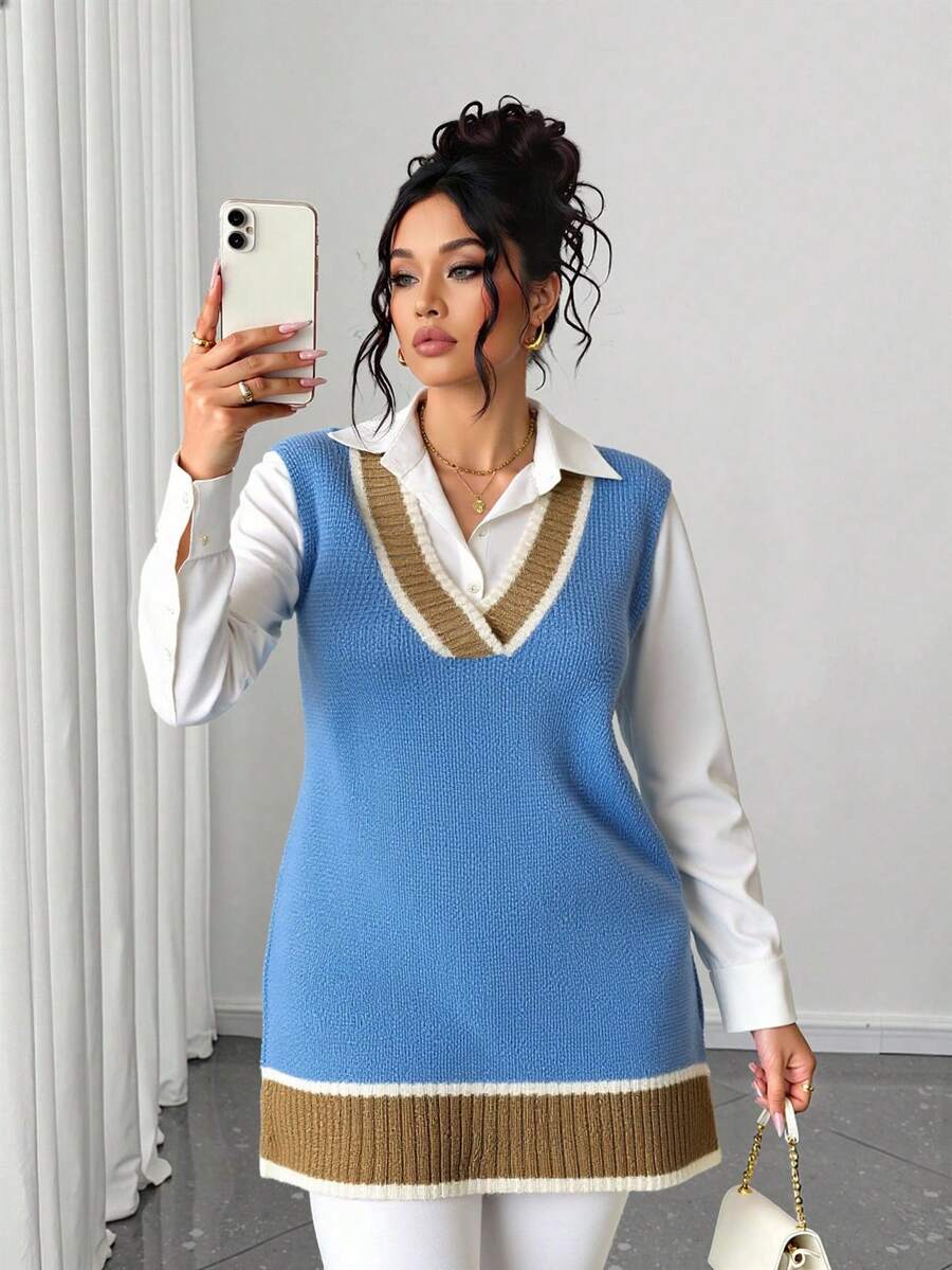 Elenzga Plus 1pc Striped Trim Sweater Vest - Blue - View 1