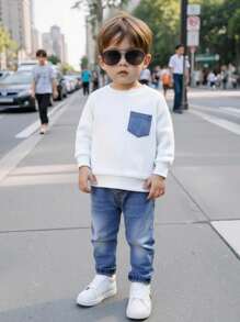 SHEIN 2pcs/Set Baby Boy/Girl Casual White Sweatshirt And Blue Denim Long Pants Tracksuit, Unisex Baby Clothes For Autumn/Winter Baby Boy Jeans Outfit Baby Boy Clothes Long Sleeve Baby Boy Casual Set Fall - Multicolor - View 3