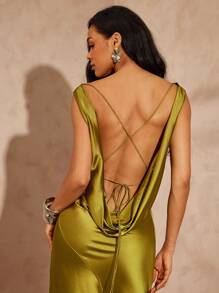 Hauture 女式性感夏季度假夜外出低垂后背橄榄绿缎面长裙 - 綠色 - 查看 7