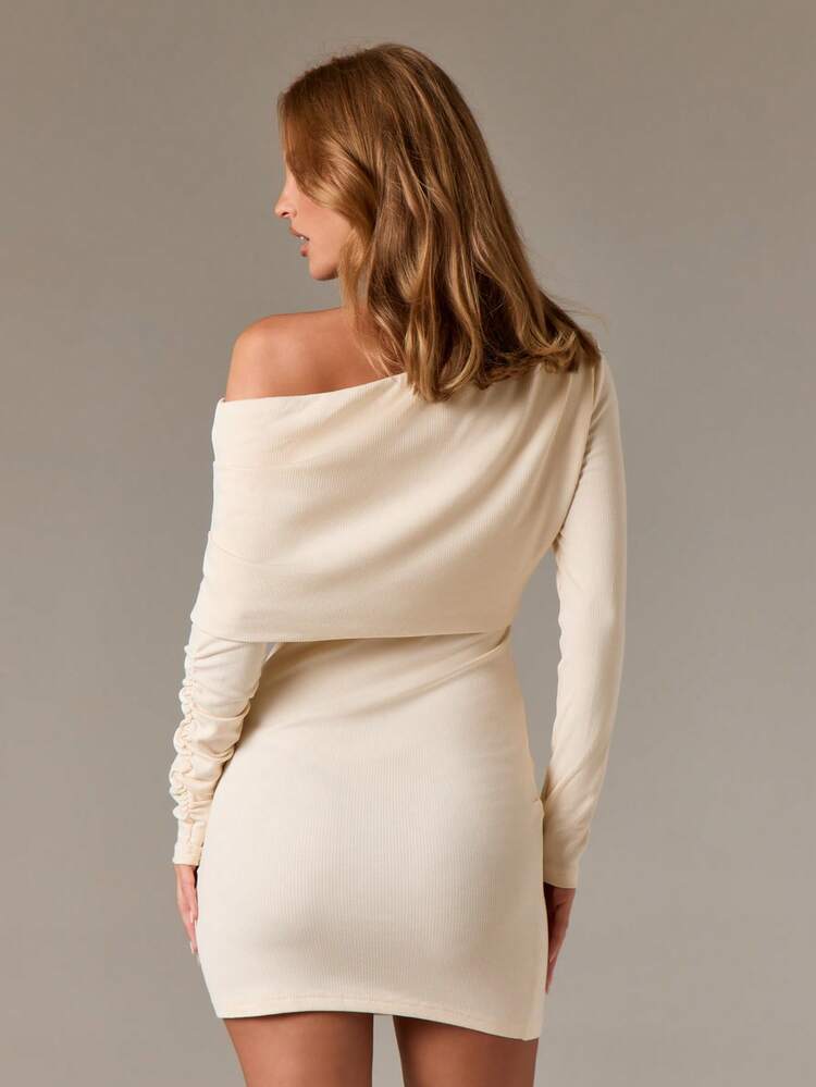 Off Shoulder Draped Mini Dress With Ruched Sleeves