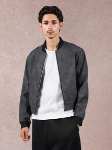 SUMWON Crop Fit Premium Faux Suede Bomber Jacket With Ribbed Collar Classic Modern Design Zip Front Casual Streetwear Fall Winter - Black - View 1