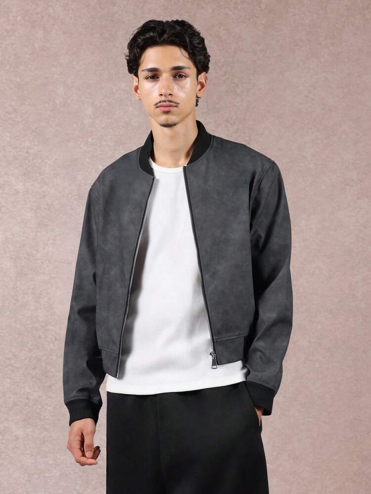 Faux Suede Bomber Jacket With Ribbed Collar