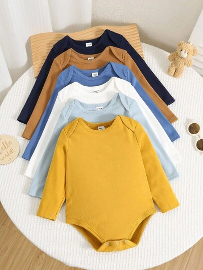 SHEIN 6pcs/Set Newborn Baby Boy/Girl Solid Color Long Sleeve Bodysuit, Lightweight & Breathable Long Sleeve Knitted Bodysuits, Basic Layering Outfit Set, Suitable For Autumn Boys Fall Clothes Long Sleeve Bodysuits, Soft & Comfortable All-Match Casual Wear For Home, Outings & Layering Long Sleeve Tops Winter