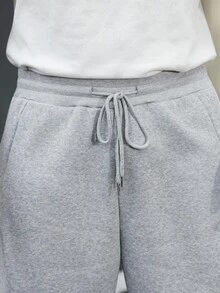 Manfinity Homme Quần nỉ ống rộng dáng rộng màu trơn có dây rút ở eo dành cho nam cỡ lớn - Xám - Xem 7