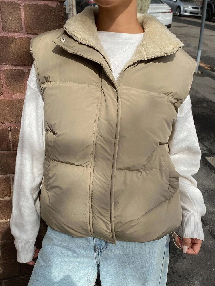 Women's Sleeveless Vest With Furry Patchwork, Loose Casual Padded Coat For Autumn/Winter Jacket