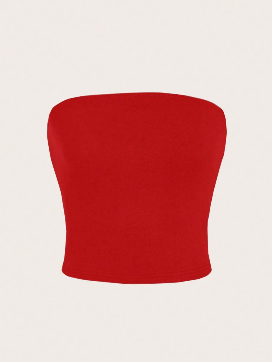 SHEIN EZwear Áo hai dây ôm sát dáng croptop màu trơn đơn giản dành cho nữ, thích hợp cho mùa hè - Màu Đỏ Sâu - Xem 1