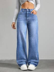 Jeanoix 女士口袋宽松阔腿休闲百搭牛仔裤 - 淺色水洗藍 - 查看 6