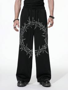 ROMWE MEN Goth Men's Casual Loose Pocket Drawstring Waist Sweatpants - Black - View 9