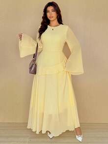 Vionelle Plus Size Women Elegant Romantic Solid Color Dress Fall Cloth For Women Chiffon Dresses For Women Modest Dress Lemon Dress Women Light Yellow Dress Women Pastel Yellow Dress - Yellow - View 4