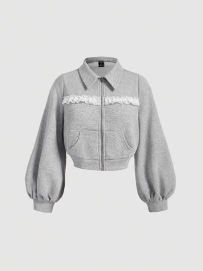 SHEIN MOD Women's Lapel Long Sleeve Lace Patchwork Short Sweatshirt,Back To School Sweatshirt,School Clothes,Grey Sweatshirt,Casual Sweatshirt,Long Sleeve Tops In Fall/Winter