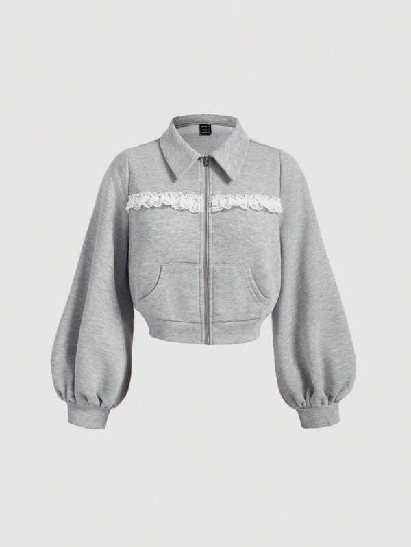 SHEIN MOD Women's Lapel Long Sleeve Lace Patchwork Short Sweatshirt,Back To School Sweatshirt,School Clothes,Grey Sweatshirt,Casual Sweatshirt,Long Sleeve Tops In Fall/Winter
