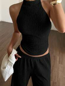 SHEIN EZwear 2件套女士杏色针织纹理露背上衣和裤子套装 - 黑色 - 查看 3