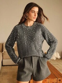 Anewsta 女士秋冬珍珠设计灰色毛衣，宽松针织套头衫，优雅冬日 - 灰色 - 查看 4