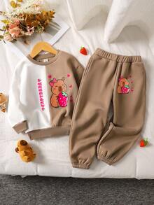 SHEIN Young Girl Casual Minimalist Comfortable Round Neck Bow Decor T-Shirt And Skirt Set - Khaki - View 1
